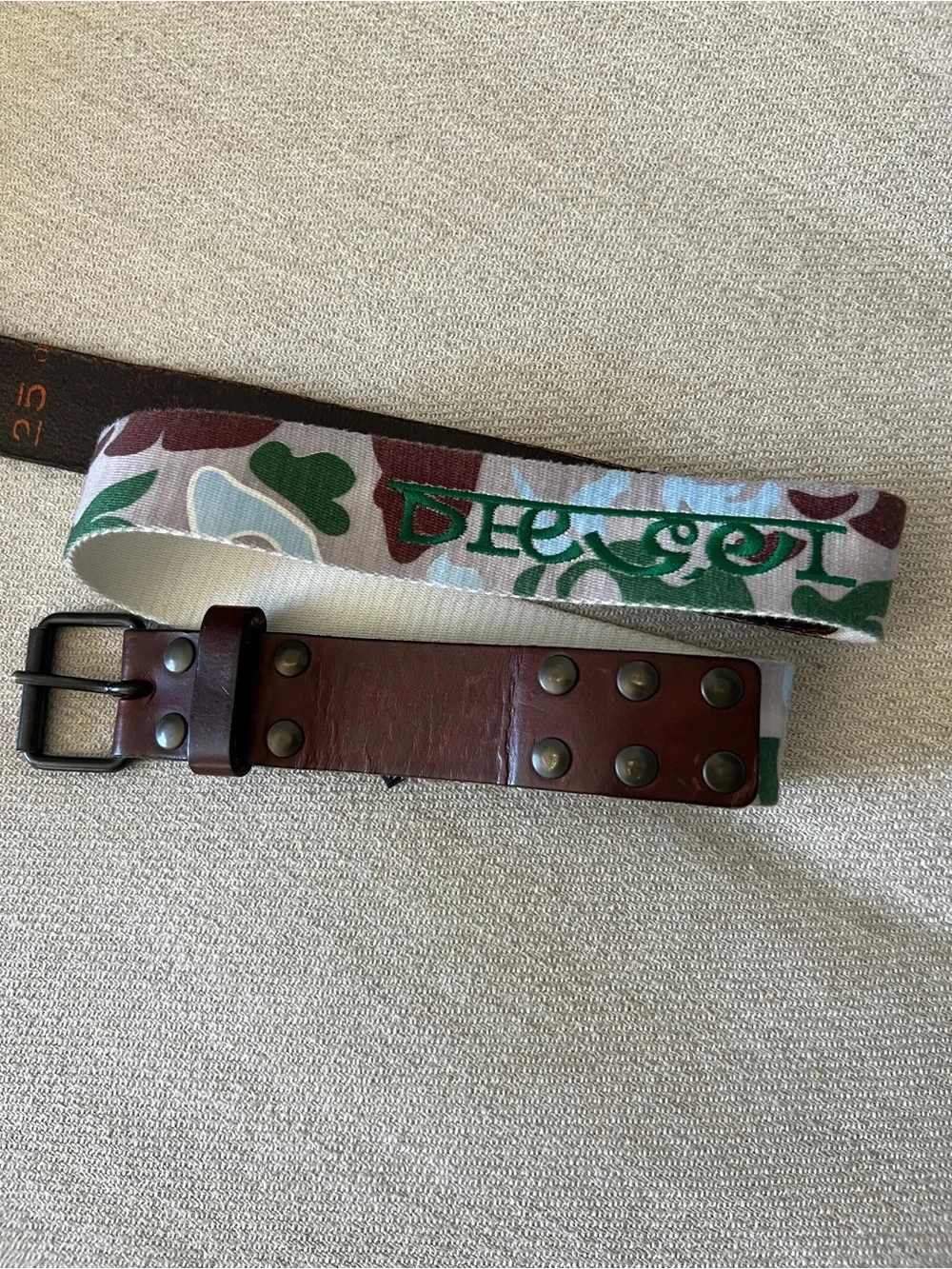 Vintage DIESEL Y2K Camo Leather Canvas Studded Belt Stamped Size 25 | Fits 30-34